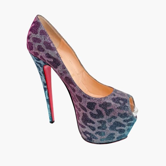 Christian Louboutin Highness 160 Platform Pumps Size 38.5 Blue Purple Leopard - Picture 11 of 13
